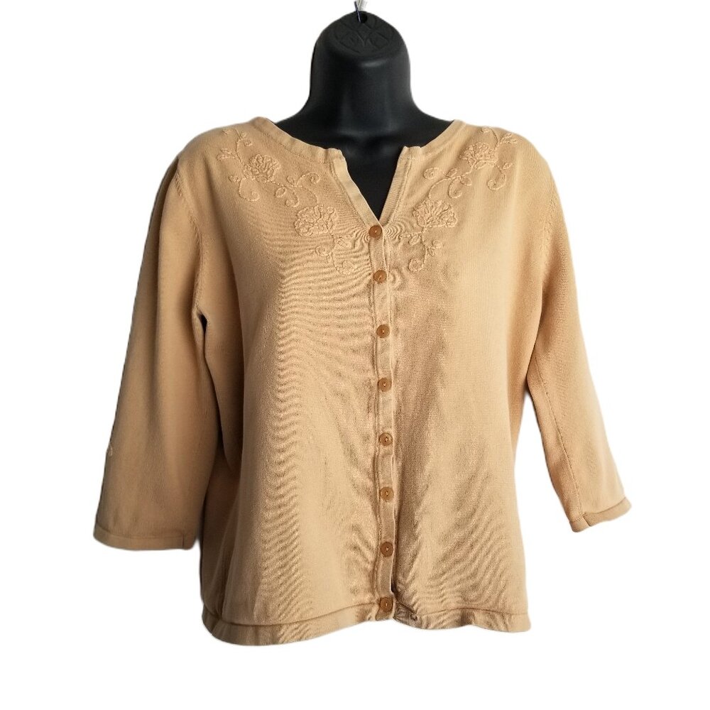 Apostrophe Embroidered Cardigan Size L Tan Floral Button Front Cottagecore